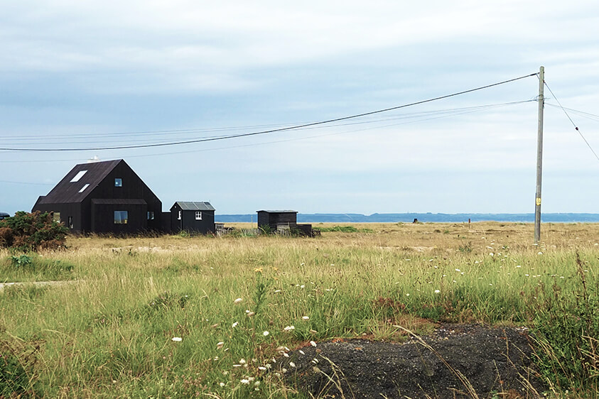 grassy landscape with dark timber clad buildings