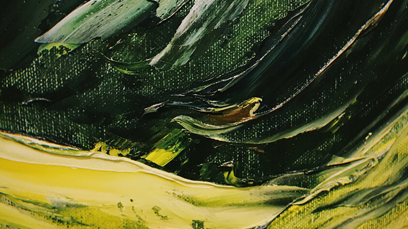 Abstract landscape painting in greens and yellows